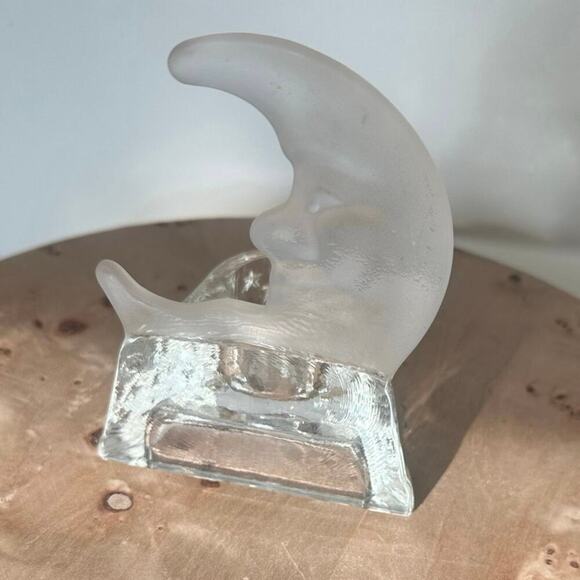 Vintage Frosted Glass Moon Face Tealight Candle Holder – 6” Tall Celestial Decor - Picture 3 of 4